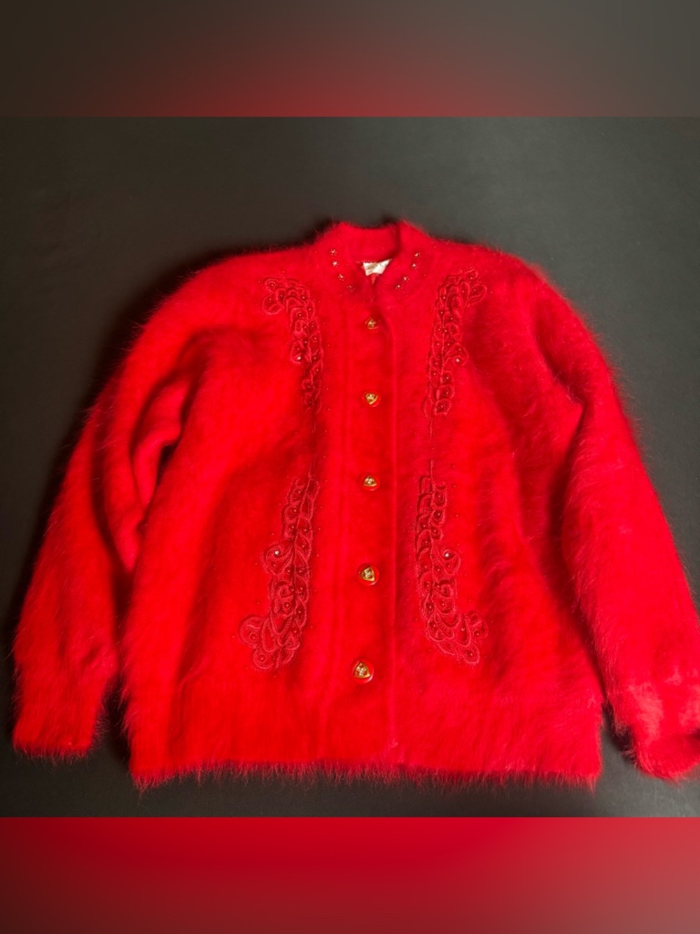 Vintage Red Angora Cardigan Fuzzy Embroidered Soft Coquette Sweater 90s